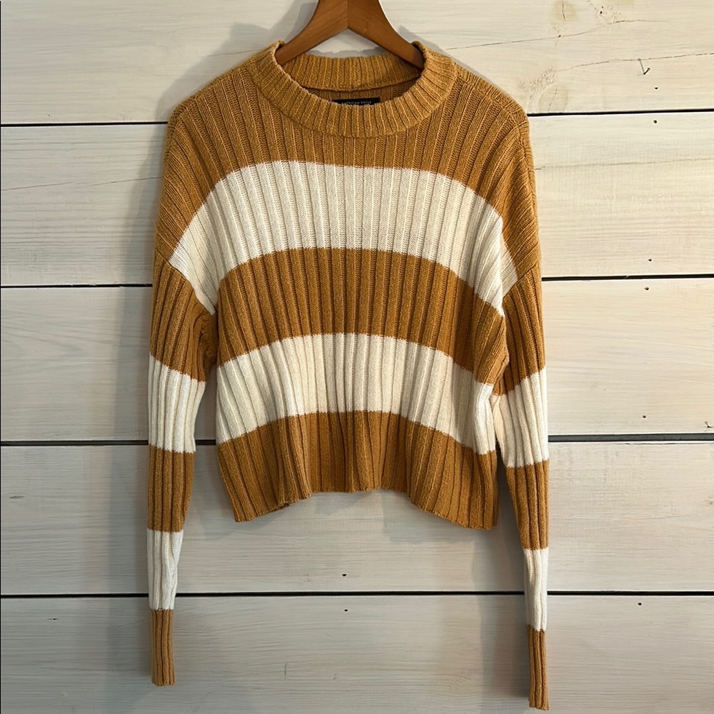 American Eagle Striped Ribbed Sweater - Mustard and White
